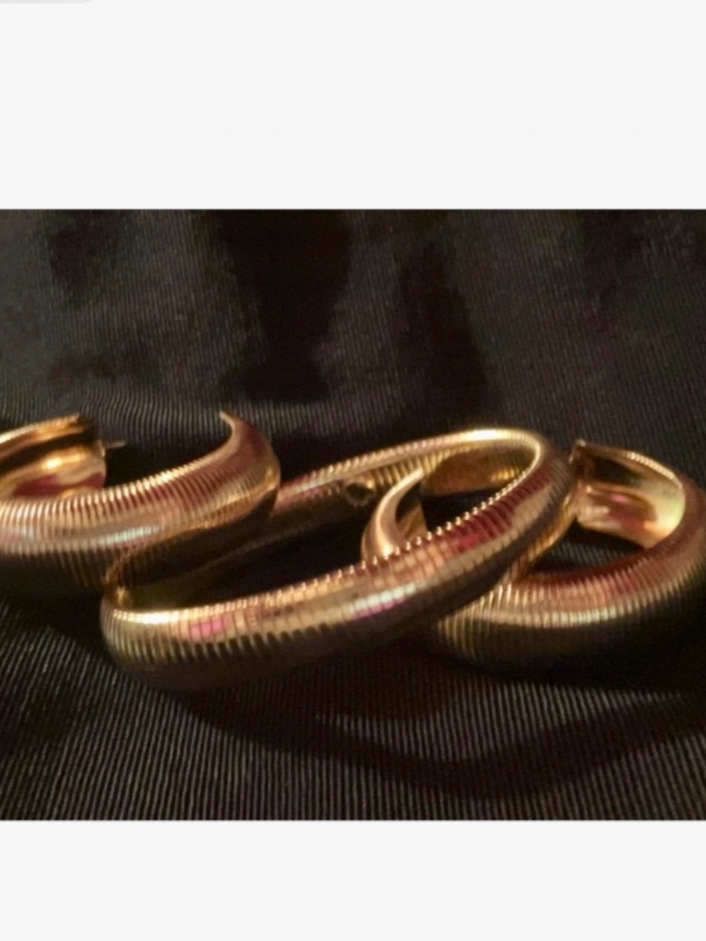 Gold Ribbed 3” Hoop Earrings and Matching Gold Stretch Bracelet New in Box